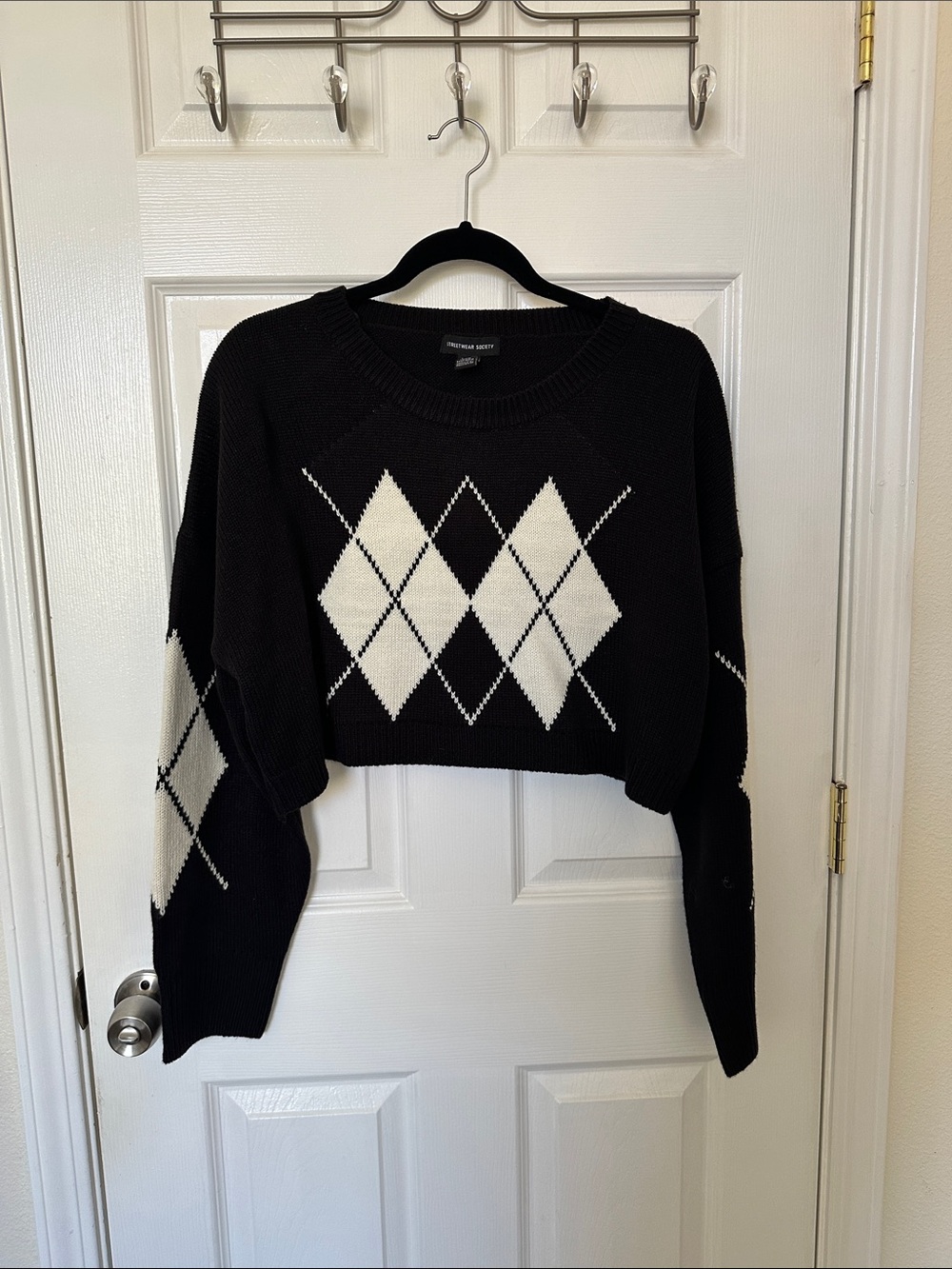 Streetwear Society Black & White Argyle Cropped Crewneck Sweater